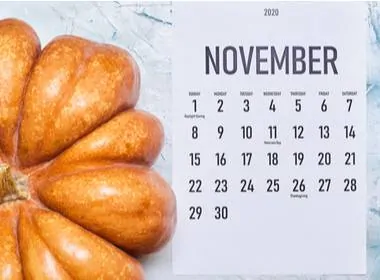 a calendar showing November with a pumpkin close by for the Slots Play Casinos promos