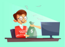 very happy smiling online casino gamer playing on a laptop with a hand holding a bag of money coming out of the screen