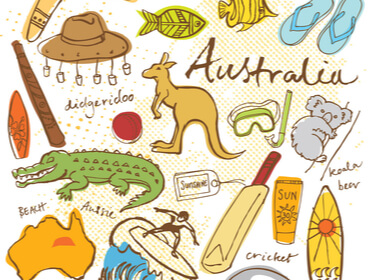 a collage of symbols of Australia such as a crocodile, koala bear, boomerang, kangaroo, walkabout hat, and surfer.