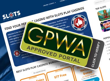 the GPWA approved site stamp on a background of the Slots Play Casinos homepage