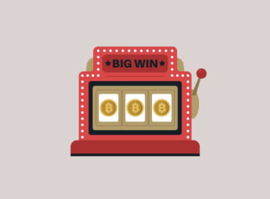 An illustration of a 3 reel slot with Bitcoin on the reels and the words ‘Big Win’ isolated on a light background