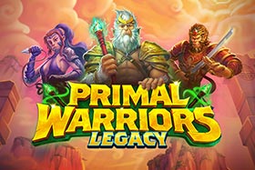 Screenshot of Primal Warriors: Legacy online slot game with five reels, various symbols, and jackpot amounts