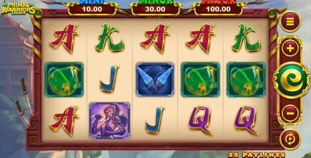 Screenshot of Primal Warriors: Legacy online slot game with five reels, various symbols, and jackpot amounts
