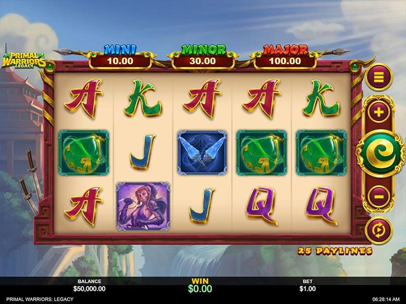 Screenshot of Primal Warriors: Legacy online slot game with five reels, various symbols, and jackpot amounts