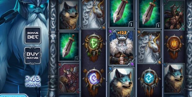 Screenshot of Escape the North slot game with five reels, various symbols including a wolf, horse, swords, Viking, and wizard, and options for Bonus Bet and Buy Feature