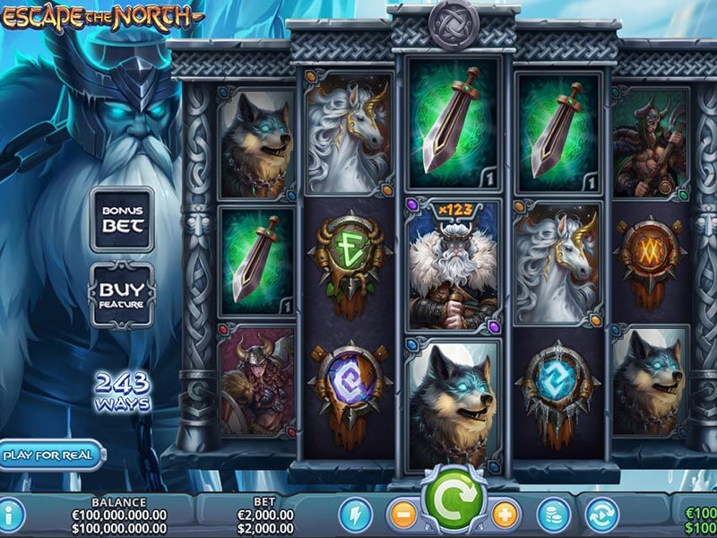 Screenshot of Escape the North slot game with five reels, various symbols including a wolf, horse, swords, Viking, and wizard, and options for Bonus Bet and Buy Feature