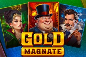 Screenshot of Gold Magnate slot game with 5x3 reels, letter symbols, and a well-dressed man with a mustache