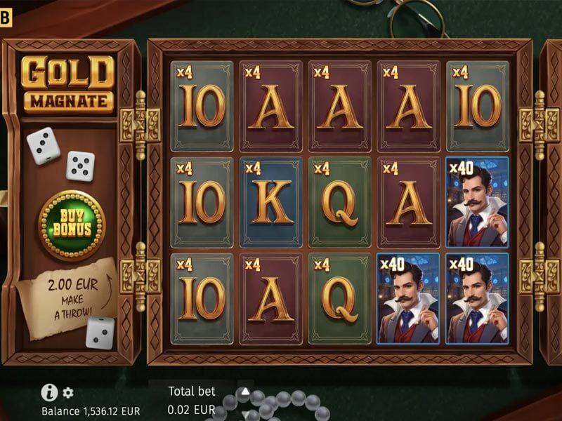 Screenshot of Gold Magnate slot game with 5x3 reels, letter symbols, and a well-dressed man with a mustache