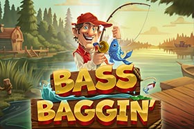 Logo for the Bass Baggin' slot game, featuring a cheerful fisherman holding a fish with a fishing rod by a tranquil lake in the background.