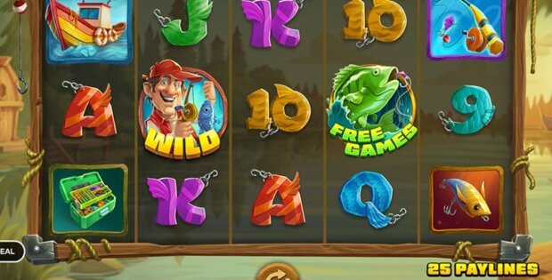 Screenshot of the Bass Baggin' slot game, featuring colorful symbols including a fisherman as the wild symbol, fishing-themed icons, and the potential for a $100,000,000.00 win.