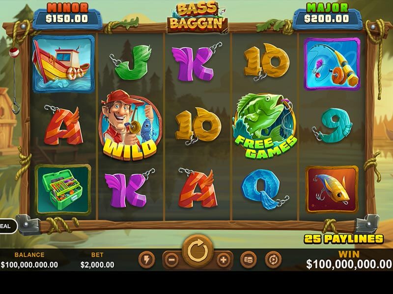 Screenshot of the Bass Baggin' slot game, featuring colorful symbols including a fisherman as the wild symbol, fishing-themed icons, and the potential for a $100,000,000.00 win.