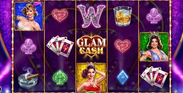 Glam Cash online slot game featuring showgirls, playing cards, a cigar, and a glass of whiskey, with a balance of $100,000,000.00 and a bet of $2,000.00