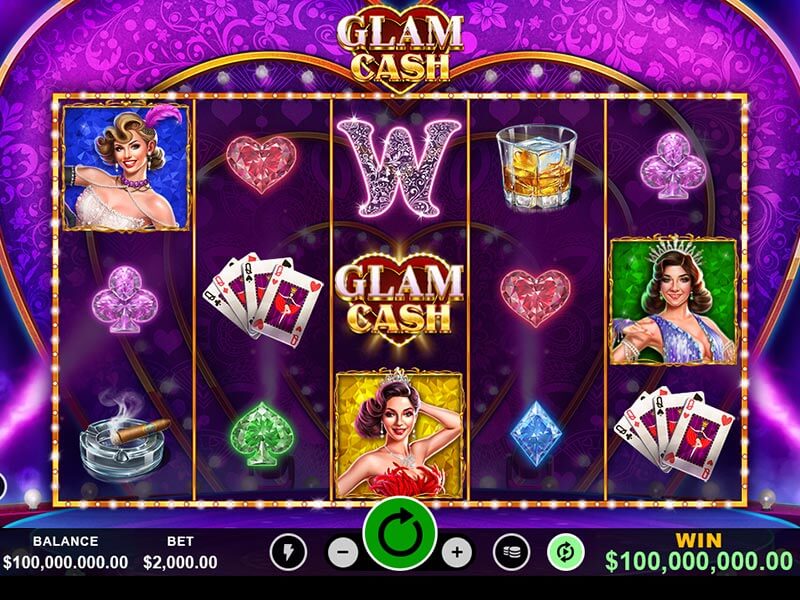 Glam Cash online slot game featuring showgirls, playing cards, a cigar, and a glass of whiskey, with a balance of $100,000,000.00 and a bet of $2,000.00