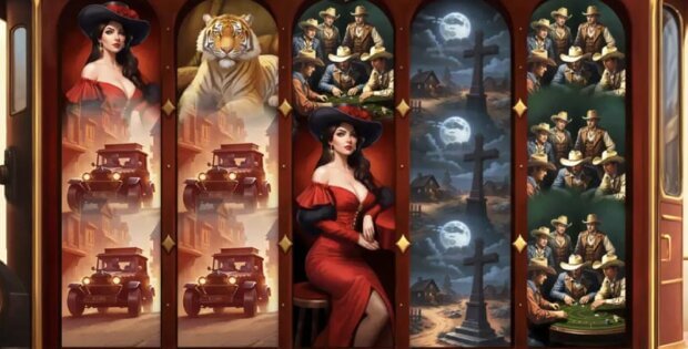 Screenshot of the "Train to Rio Grande" online slot game showing three rows of slot reels decorated with Western-themed icons including elegant women in red dresses, a white tiger, vintage cars, and a group of men in cowboy attire playing poker.