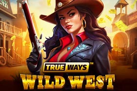 Screenshot of the Wild West Trueways game showing a slot machine interface with various symbols including scatter badges, revolvers, and playing cards, along with a total bet amount of 10.00 EUR and the message 'Spinning and winning – let’s do rock’n’roll!