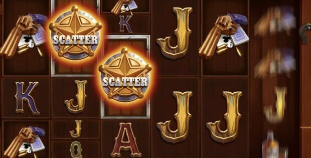 Screenshot of the Wild West Trueways game showing a slot machine interface with various symbols including scatter badges, revolvers, and playing cards, along with a total bet amount of 10.00 EUR and the message 'Spinning and winning – let’s do rock’n’roll!