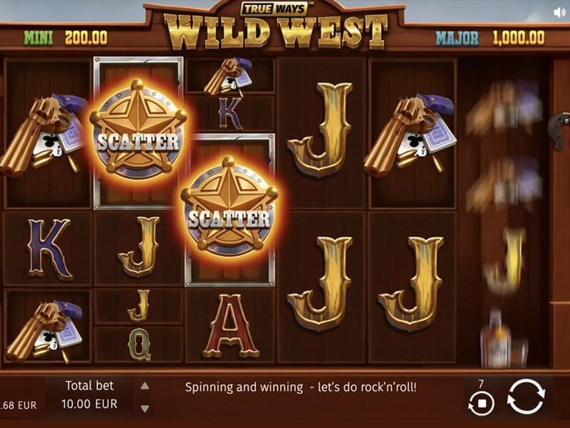 Screenshot of the Wild West Trueways game showing a slot machine interface with various symbols including scatter badges, revolvers, and playing cards, along with a total bet amount of 10.00 EUR and the message 'Spinning and winning – let’s do rock’n’roll!