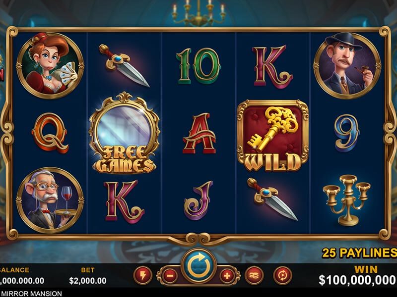 A screenshot from the Clue Chronicles: Mirror Mansion online slot game featuring various symbols, including a Wild golden key, Free Games symbol, and themed characters like a butler and detective.