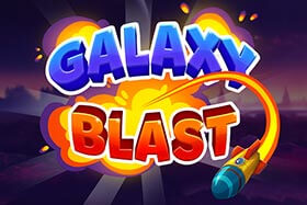 Galaxy Blast game logo with colorful explosion and rocket in space background.