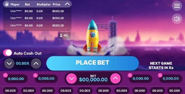 Galaxy Blast online betting game interface showing a rocket, betting options, and leaderboard.