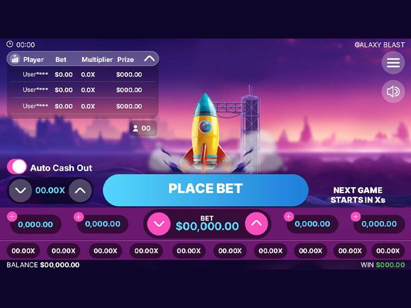 Galaxy Blast online betting game interface showing a rocket, betting options, and leaderboard.