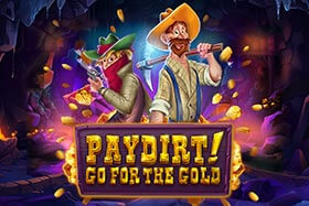 Two animated characters, a bespectacled prospector and a bandit, excitedly mine for gold in a dark cave surrounded by glowing gold nuggets, promoting the 