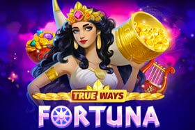 Screenshot of the Fortuna True Ways slot game interface featuring a variety of gem symbols, a gold coin, a harp, and a bowl of coins on a purple background. A reclining woman depicted in a classical style lies atop the game's title.