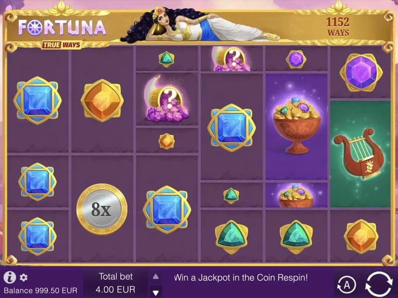 Screenshot of the Fortuna True Ways slot game interface featuring a variety of gem symbols, a gold coin, a harp, and a bowl of coins on a purple background. A reclining woman depicted in a classical style lies atop the game's title.