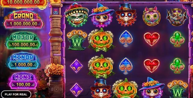 "Punky Halloween Mega Cascade" game screenshot showcasing colorful Day of the Dead-themed symbols, including skulls, pumpkins, and various playing card suits, with jackpot amounts and game controls displayed.