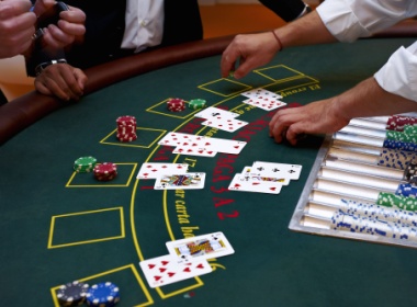 overhead view of a multi-hand blackjack table