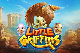 Slot game featuring cute griffin characters, gemstone letters, a golden Wild coin, and a treasure chest symbol labeled Free Games with a jackpot displayed at the top.