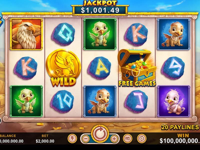 Slot game featuring cute griffin characters, gemstone letters, a golden Wild coin, and a treasure chest symbol labeled Free Games with a jackpot displayed at the top.