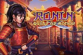 Slot game screen from Ronin Quest of Honor featuring samurai swords, shurikens, and a dragon emblem on a 5x3 grid with cherry blossom accents.