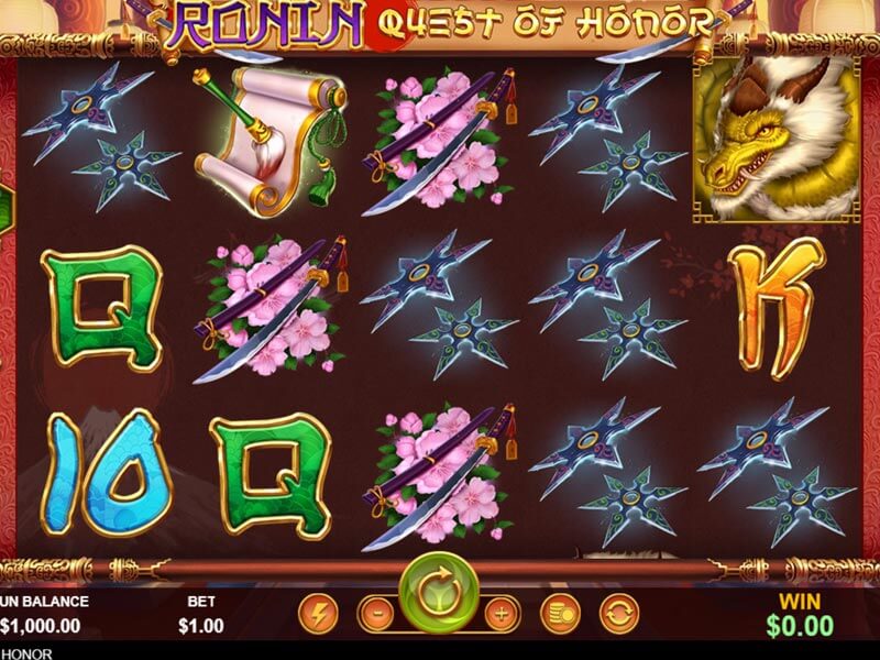 Slot game screen from Ronin Quest of Honor featuring samurai swords, shurikens, and a dragon emblem on a 5x3 grid with cherry blossom accents.