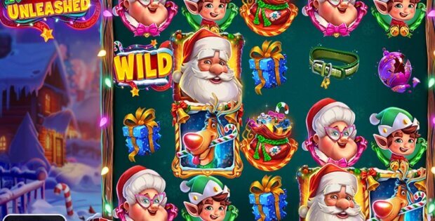 Gameplay screenshot of the Rudolph Unleashed slot game featuring colorful symbols like Santa, Rudolph, Mrs. Claus, elves, gifts, and a Wild symbol on a festive-themed reel.