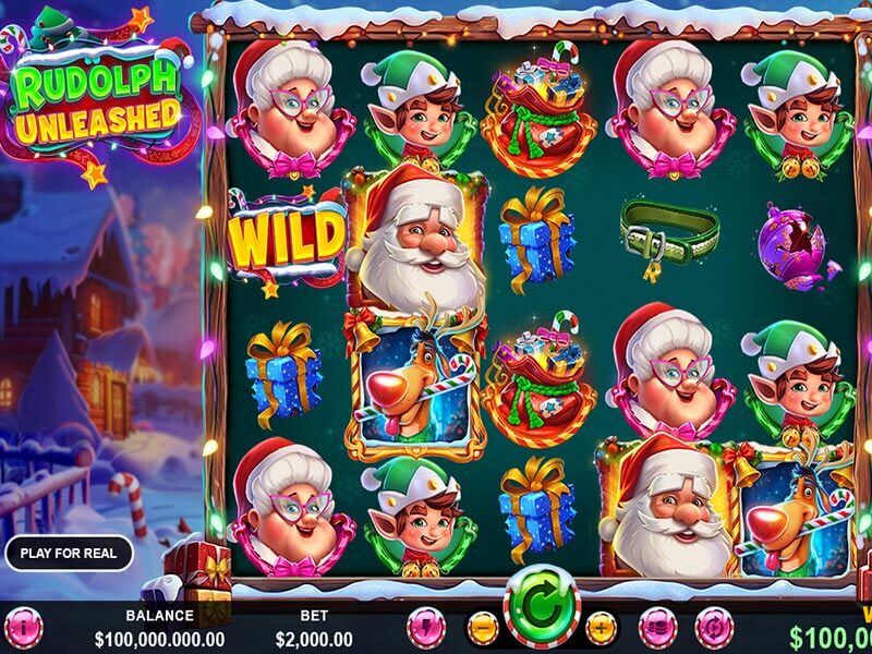 Gameplay screenshot of the Rudolph Unleashed slot game featuring colorful symbols like Santa, Rudolph, Mrs. Claus, elves, gifts, and a Wild symbol on a festive-themed reel.