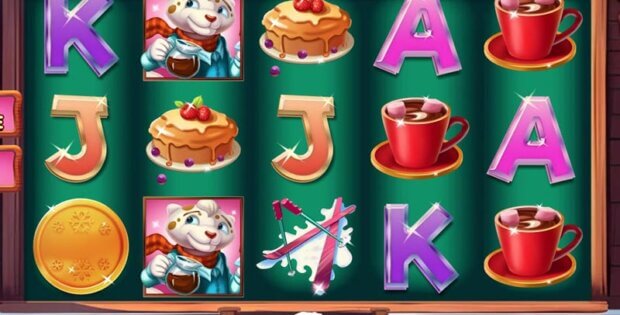 Slot machine screen featuring colorful reels with cake, coffee cups, skis, gold coin, letters (A, K, J), and cartoon animal icons in a cozy winter chalet theme.