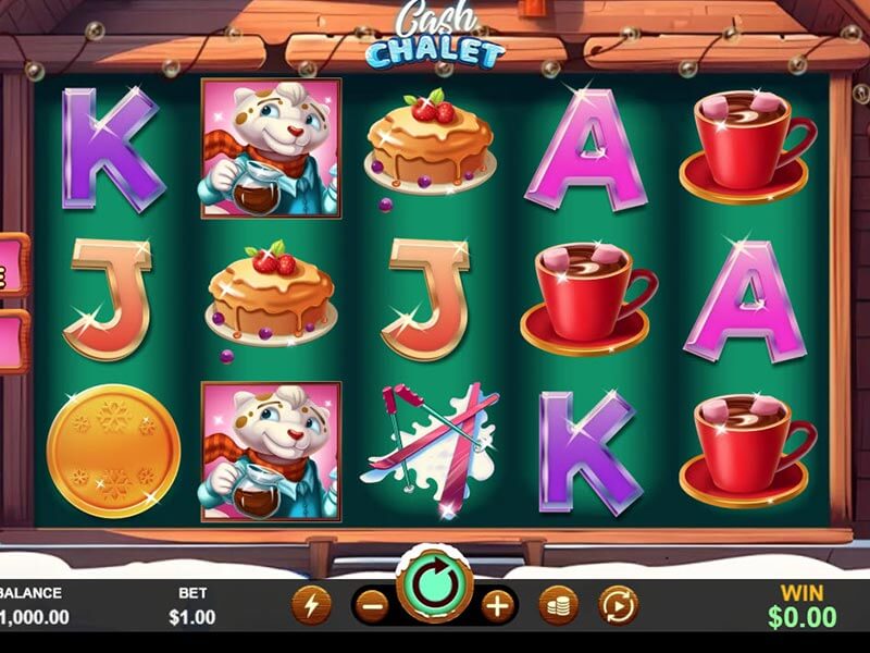 Slot machine screen featuring colorful reels with cake, coffee cups, skis, gold coin, letters (A, K, J), and cartoon animal icons in a cozy winter chalet theme.