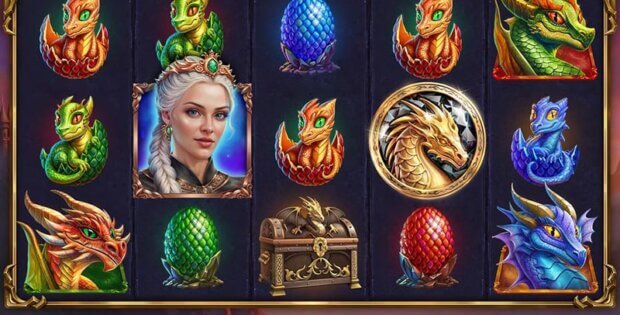 Dragon Winds slot game screen featuring dragons, colorful eggs, and a central female character, highlighting the 25 paylines and a major jackpot.