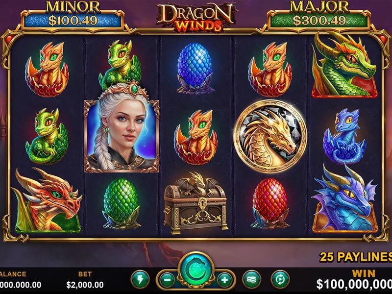 Dragon Winds slot game screen featuring dragons, colorful eggs, and a central female character, highlighting the 25 paylines and a major jackpot.