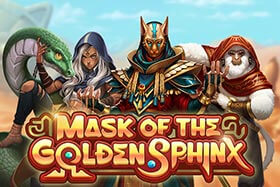 A colorful screenshot of the Mask of the Golden Sphinx slot game, featuring a 5x4 grid with characters, symbols, and 1024 ways to win, alongside game interface elements.