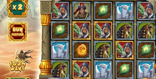 A colorful screenshot of the Mask of the Golden Sphinx slot game, featuring a 5x4 grid with characters, symbols, and 1024 ways to win, alongside game interface elements.