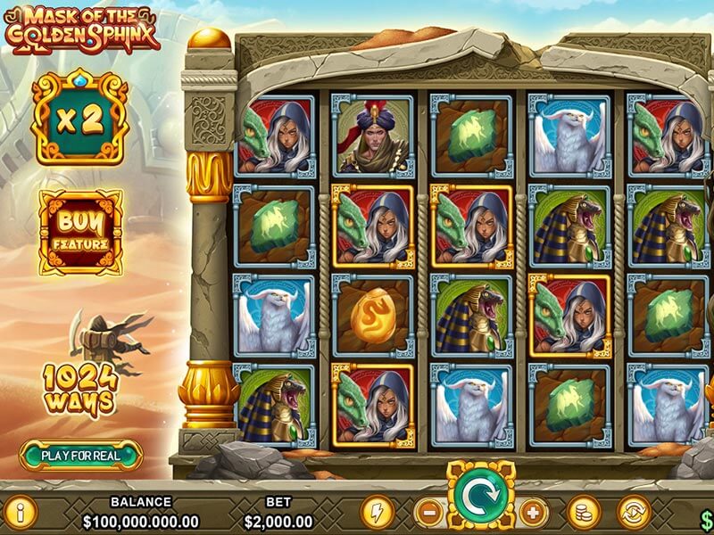 A colorful screenshot of the Mask of the Golden Sphinx slot game, featuring a 5x4 grid with characters, symbols, and 1024 ways to win, alongside game interface elements.