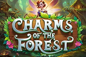 A fantasy-themed slot game screen titled Charms of the Forest featuring a red-haired fairy, a unicorn, a glowing gemstone, and a mystical forest backdrop with jackpot prize indicators.