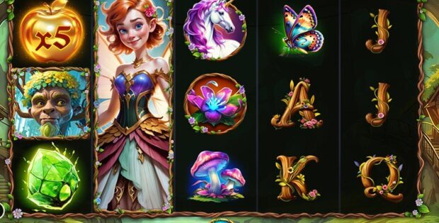 A fantasy-themed slot game screen titled Charms of the Forest featuring a red-haired fairy, a unicorn, a glowing gemstone, and a mystical forest backdrop with jackpot prize indicators.