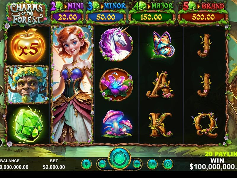 A fantasy-themed slot game screen titled Charms of the Forest featuring a red-haired fairy, a unicorn, a glowing gemstone, and a mystical forest backdrop with jackpot prize indicators.