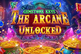 A vibrant online slot game screen featuring a mystical fantasy theme with enchanted objects, a castle, and jackpot prize indicators on the left. The reels display magical artifacts, including a potion bottle, gemstone, spellbook, and ancient symbols. The game's interface shows a high balance and potential winnings. The game is Gemstone Keys: The Arcane Unlocked.