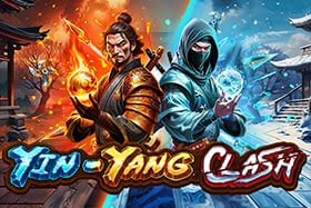 Screenshot of Yin-Yang Clash slot game showing a dynamic display of themed symbols including warriors, dragons, and mystical elements across five reels. The game features high-contrast graphics with a strong Asian-inspired aesthetic, highlighted by a prominent Yin-Yang symbol engulfed in flames. Interface shows a current balance of $100,000,000.00, a bet of $2,000.00, and winnings of $100,000,000.00.