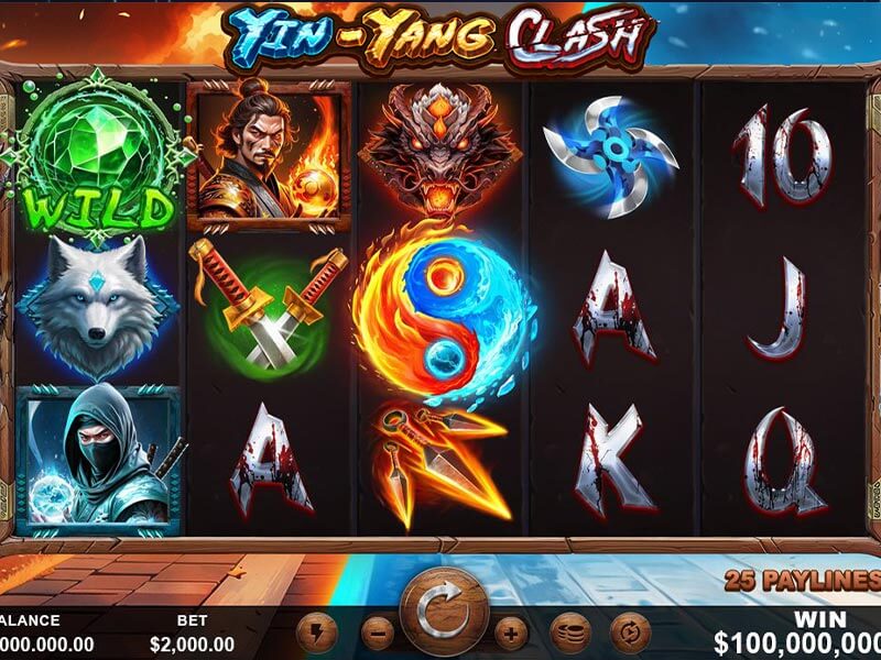 Screenshot of Yin-Yang Clash slot game showing a dynamic display of themed symbols including warriors, dragons, and mystical elements across five reels. The game features high-contrast graphics with a strong Asian-inspired aesthetic, highlighted by a prominent Yin-Yang symbol engulfed in flames. Interface shows a current balance of $100,000,000.00, a bet of $2,000.00, and winnings of $100,000,000.00.